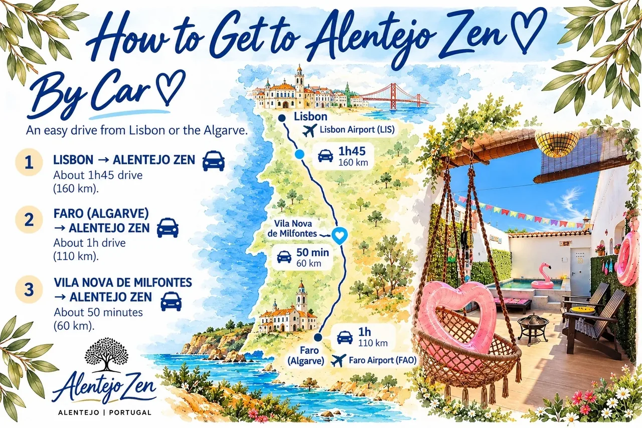 How to get to Alentejo Zen by car from Lisbon, Faro and Vila Nova de Milfontes