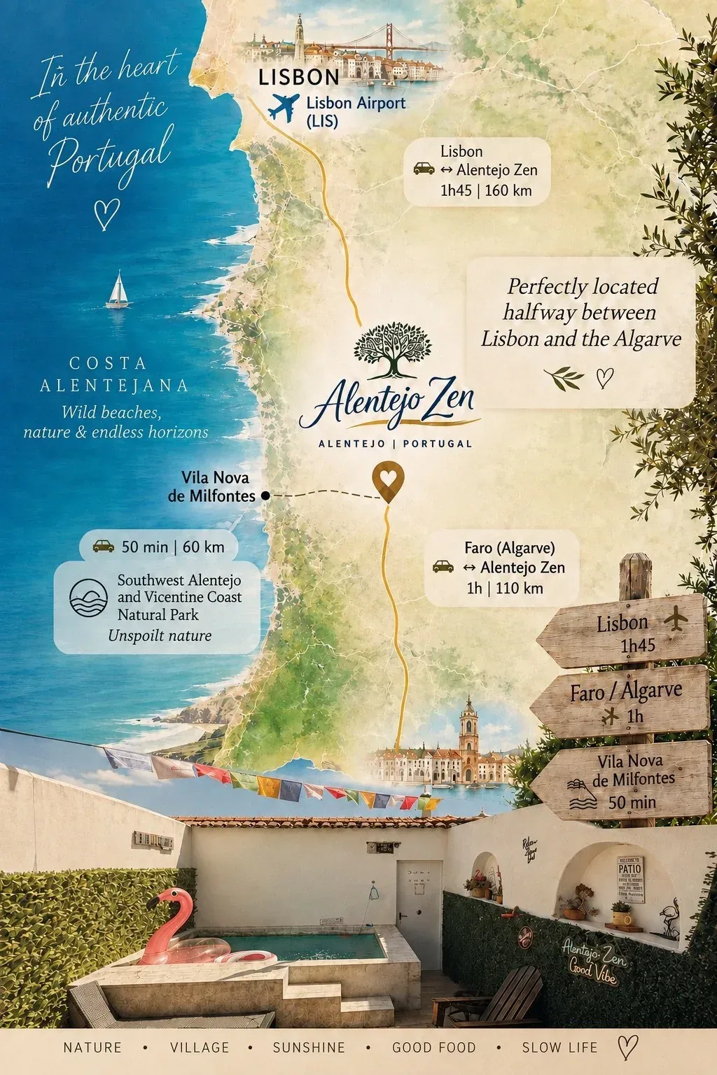 Map showing Alentejo Zen BnB between Lisbon and the Algarve, Portugal